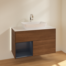 Тумба под раковину Villeroy & Boch Finion 100х50,1 см с подсветкой МДФ шпон грецкого ореха/стекло белое матовое G771HGGN