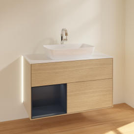 Тумба под раковину Villeroy & Boch Finion 100х50,1 см с подсветкой МДФ шпон дуба/стекло белое матовое G771HGPC