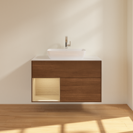 Тумба под раковину Villeroy & Boch Finion 100х50,1 см с подсветкой МДФ шпон грецкого ореха/стекло белое матовое G771PCGN