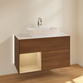 Тумба под раковину Villeroy & Boch Finion 100х50,1 см с подсветкой МДФ шпон грецкого ореха/стекло белое матовое G771PCGN