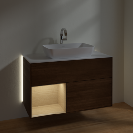 Тумба под раковину Villeroy & Boch Finion 100х50,1 см с подсветкой МДФ шпон грецкого ореха/стекло белое матовое G771PCGN