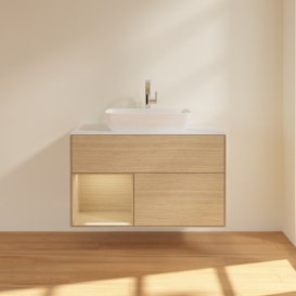 Тумба под раковину Villeroy & Boch Finion 100х50,1 см с подсветкой МДФ шпон дуба/стекло белое матовое G771PCPC