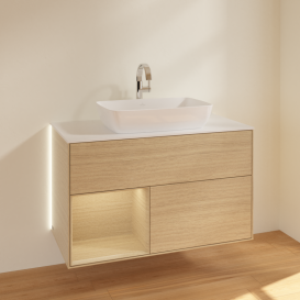 Тумба под раковину Villeroy & Boch Finion 100х50,1 см с подсветкой МДФ шпон дуба/стекло белое матовое G771PCPC