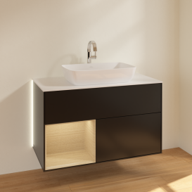 Тумба под раковину Villeroy & Boch Finion 100х50,1 см с подсветкой МДФ черный матовый лак/стекло белое матовое G771PCPD