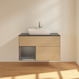 Тумба під раковину Villeroy & Boch Finion 100х50,1 см із підсвічуванням МДФ шпон дуба/скло чорне матове G772GKPC