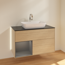 Тумба під раковину Villeroy & Boch Finion 100х50,1 см із підсвічуванням МДФ шпон дуба/скло чорне матове G772GKPC