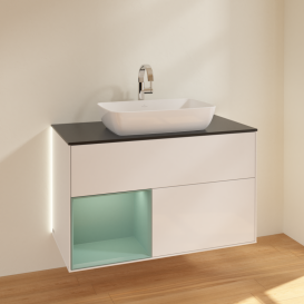 Тумба під раковину Villeroy & Boch Finion 100х50,1 см з підсвічуванням МДФ білий глянцевий лак/скло чорне матове G772GMGF