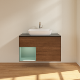 Тумба под раковину Villeroy & Boch Finion 100х50,1 см с подсветкой МДФ шпон грецкого ореха/стекло черное матовое G772GMGN