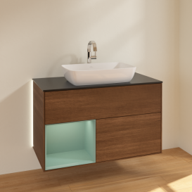 Тумба под раковину Villeroy & Boch Finion 100х50,1 см с подсветкой МДФ шпон грецкого ореха/стекло черное матовое G772GMGN