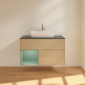 Тумба под раковину Villeroy & Boch Finion 100х50,1 см с подсветкой МДФ шпон дуба/стекло черное матовое G772GMPC