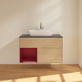 Тумба под раковину Villeroy & Boch Finion 100х50,1 см с подсветкой МДФ шпон дуба/стекло черное матовое G772HBPC