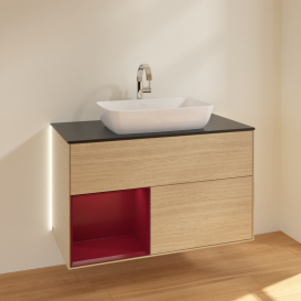 Тумба под раковину Villeroy & Boch Finion 100х50,1 см с подсветкой МДФ шпон дуба/стекло черное матовое G772HBPC