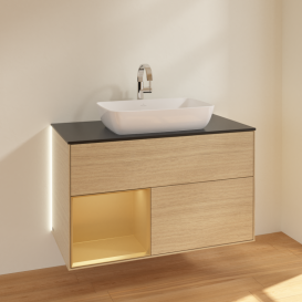 Тумба под раковину Villeroy & Boch Finion 100х50,1 см с подсветкой МДФ шпон дуба/стекло черное матовое G772HFPC