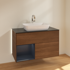 Тумба под раковину Villeroy & Boch Finion 100х50,1 см с подсветкой МДФ шпон грецкого ореха/стекло черное матовое G772HGGN