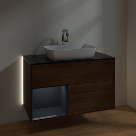 Тумба под раковину Villeroy & Boch Finion 100х50,1 см с подсветкой МДФ шпон грецкого ореха/стекло черное матовое G772HGGN