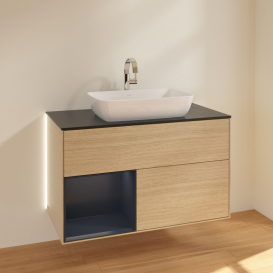 Тумба под раковину Villeroy & Boch Finion 100х50,1 см с подсветкой МДФ шпон дуба/стекло черное матовое G772HGPC