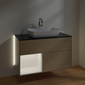 Тумба под раковину Villeroy & Boch Finion 100х50,1 см с подсветкой МДФ шпон дуба/стекло черное матовое G772MTPC