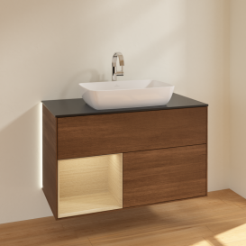 Тумба под раковину Villeroy & Boch Finion 100х50,1 см с подсветкой МДФ шпон грецкого ореха/стекло черное матовое G772PCGN