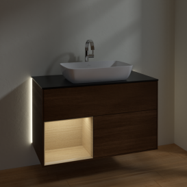 Тумба под раковину Villeroy & Boch Finion 100х50,1 см с подсветкой МДФ шпон грецкого ореха/стекло черное матовое G772PCGN