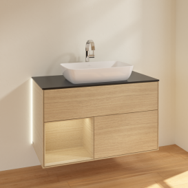 Тумба под раковину Villeroy & Boch Finion 100х50,1 см с подсветкой МДФ шпон дуба/стекло черное матовое G772PCPC