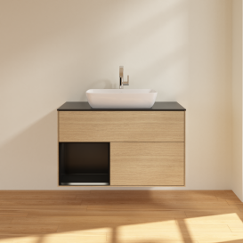 Тумба под раковину Villeroy & Boch Finion 100х50,1 см с подсветкой МДФ шпон дуба/стекло черное матовое G772PDPC