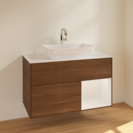 Тумба под раковину Villeroy & Boch Finion 100х50,1 см с подсветкой МДФ шпон грецкого ореха/стекло белое матовое F781GFGN