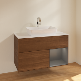 Тумба под раковину Villeroy & Boch Finion 100х50,1 см с подсветкой МДФ шпон грецкого ореха/стекло белое матовое F781GKGN