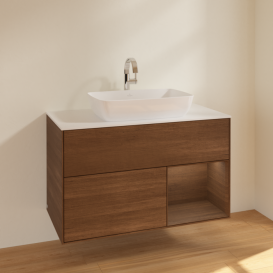 Тумба под раковину Villeroy & Boch Finion 100х50,1 см с подсветкой МДФ шпон грецкого ореха/стекло белое матовое F781GNGN