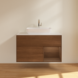 Тумба под раковину Villeroy & Boch Finion 100х50,1 см с подсветкой МДФ шпон грецкого ореха/стекло белое матовое F781GNGN