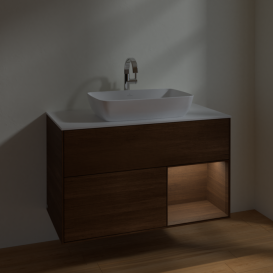 Тумба под раковину Villeroy & Boch Finion 100х50,1 см с подсветкой МДФ шпон грецкого ореха/стекло белое матовое F781GNGN