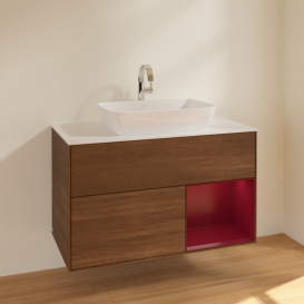 Тумба под раковину Villeroy & Boch Finion 100х50,1 см с подсветкой МДФ шпон грецкого ореха/стекло белое матовое F781HBGN