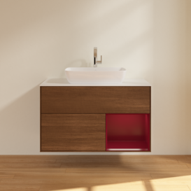 Тумба под раковину Villeroy & Boch Finion 100х50,1 см с подсветкой МДФ шпон грецкого ореха/стекло белое матовое F781HBGN