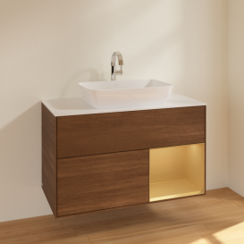 Тумба под раковину Villeroy & Boch Finion 100х50,1 см с подсветкой МДФ шпон грецкого ореха/стекло белое матовое F781HFGN