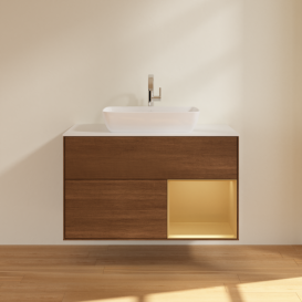 Тумба под раковину Villeroy & Boch Finion 100х50,1 см с подсветкой МДФ шпон грецкого ореха/стекло белое матовое F781HFGN