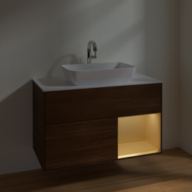 Тумба под раковину Villeroy & Boch Finion 100х50,1 см с подсветкой МДФ шпон грецкого ореха/стекло белое матовое F781HFGN