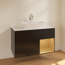 Тумба под раковину Villeroy & Boch Finion 100х50,1 см с подсветкой МДФ черный матовый лак/стекло белое матовое F781HFPD