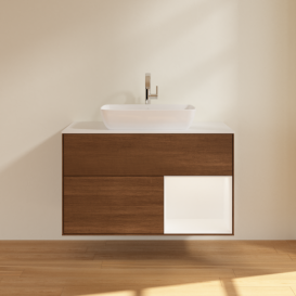 Тумба под раковину Villeroy & Boch Finion 100х50,1 см с подсветкой МДФ шпон грецкого ореха/стекло белое матовое F781MTGN