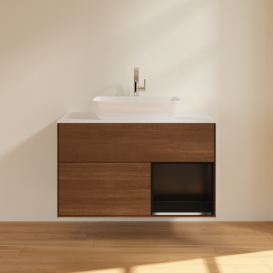 Тумба под раковину Villeroy & Boch Finion 100х50,1 см с подсветкой МДФ шпон грецкого ореха/стекло белое матовое F781PDGN