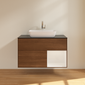 Тумба под раковину Villeroy & Boch Finion 100х50,1 см с подсветкой МДФ шпон грецкого ореха/стекло черное матовое F782GFGN