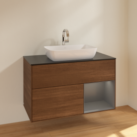 Тумба под раковину Villeroy & Boch Finion 100х50,1 см с подсветкой МДФ шпон грецкого ореха/стекло черное матовое F782GKGN