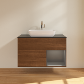 Тумба под раковину Villeroy & Boch Finion 100х50,1 см с подсветкой МДФ шпон грецкого ореха/стекло черное матовое F782GKGN