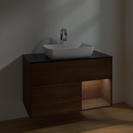 Тумба под раковину Villeroy & Boch Finion 100х50,1 см с подсветкой МДФ шпон грецкого ореха/стекло черное матовое F782GNGN