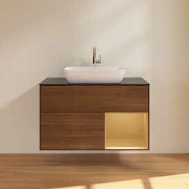 Тумба под раковину Villeroy & Boch Finion 100х50,1 см с подсветкой МДФ шпон грецкого ореха/стекло черное матовое F782HFGN