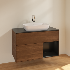 Тумба под раковину Villeroy & Boch Finion 100х50,1 см с подсветкой МДФ шпон грецкого ореха/стекло черное матовое F782PDGN