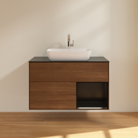 Тумба под раковину Villeroy & Boch Finion 100х50,1 см с подсветкой МДФ шпон грецкого ореха/стекло черное матовое F782PDGN