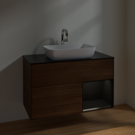 Тумба под раковину Villeroy & Boch Finion 100х50,1 см с подсветкой МДФ шпон грецкого ореха/стекло черное матовое F782PDGN