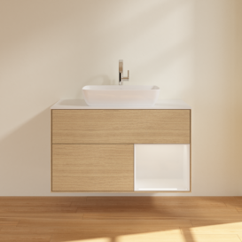 Тумба под раковину Villeroy & Boch Finion 100х50,1 см с подсветкой МДФ шпон дуба/стекло белое матовое F781GFPC