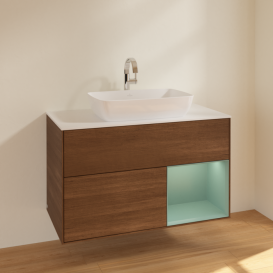 Тумба под раковину Villeroy & Boch Finion 100х50,1 см с подсветкой МДФ шпон грецкого ореха/стекло белое матовое F781GMGN