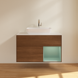 Тумба под раковину Villeroy & Boch Finion 100х50,1 см с подсветкой МДФ шпон грецкого ореха/стекло белое матовое F781GMGN