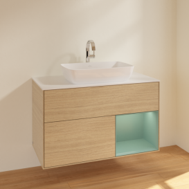 Тумба под раковину Villeroy & Boch Finion 100х50,1 см с подсветкой МДФ шпон дуба/стекло белое матовое F781GMPC